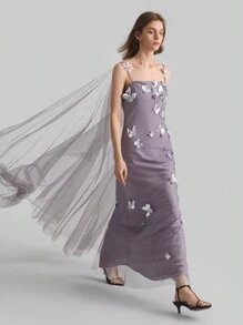 Ontre Women's Luxury Elegant Party Glitter 3D Butterfly Mesh Slip Dress, Pastel Purple - Light Grey - View 3