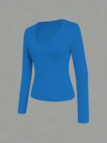 INAWLY Plain Color Slim Fit Long Sleeve T-Shirt, Casual For Autumn Fall Cloth For Women - Teal Blue - View 3