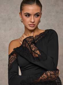 SHEIN BAE Women's Black Solid Color Lace Splice Asymmetric Neck Flared Sleeve Fitted Elegant T-Shirt, Winter Women Clothes, New Year's Top, Suitable For Dates, Holiday Parties, Fashionable Outings, Night Events, Club Wear