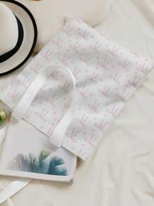 ROMWE Kawaii 蝴蝶结和心形图案双面印花单肩帆布手提包，适合女士或学生的艺术风格书包和书包，非常适合看书、购物、返校等，时尚女士蝴蝶结钱包 - 彩色 - 查看 3