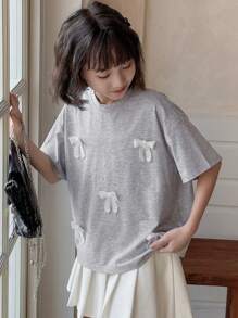 Dazy Kids Tween Girl Round Neck Short Sleeve Bow Decor T-Shirt,Girls Summer Outfits,Back To School Clothes - Grey - View 3