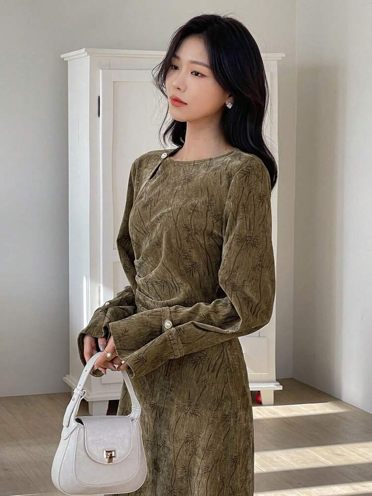 Vintage Chic New Chinese Style Bamboo Leaf Print Cinched Waist Long Dress, Elegant Look,Fall Dress Long Sleeve Dress Maxi Dress