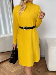 SHEIN LUNE Women's Solid Color Stand Collar Dropped Shoulder Long Sleeve Loose Fit Slimming Straight Casual Dress, Autumn - Yellow - View 1