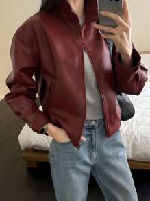 DAZY Women Casual Plain PU Regular Jacket, Spring,Fall Clothes - Burgundy - View 4