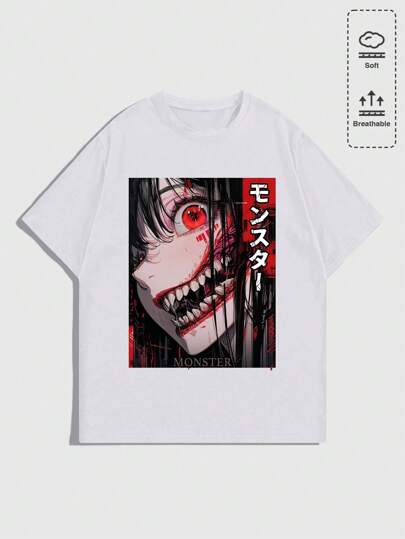 Anime T-shirt décontracté à col rond à manches courtes avec imprimé de personnage d'anime pour homme