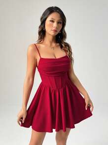 SHEIN PETITE 节日气氛新款纯色褶皱扇形 A 字下摆连衣裙 - 紅色 - 查看 9