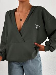 EURMUSE 100%Cotton Letter Graphic Drop Shoulder Hoodie - Army Green - View 3