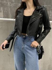 DAZY Chaqueta de mujer de estilo corto, casual y de moda, con cuello de solapa de piel sintética (PU)