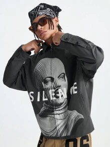 Manfinity VCAY Men's Loose Fit Long Sleeve Shacket With Street Character Graphic, For Fall Winter - Black - View 2