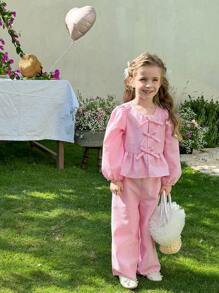 SHEIN LMoss Kids LMoss Young Girl 2pcs Young Girl Woven Striped Blouson Sleeve Loose Casual Blouse Andwide Leg Pants Sets,Bow Blouse, Great For Casual & Daily Wear - Pink - View 4