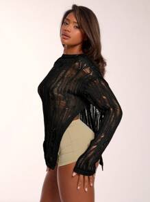 MUSERA 做旧针织不对称毛衣 Y2k Grunge 音乐节 伊比沙岛 波西米亚风 演唱会 伊比沙岛 黑色 超大款 机场锐舞 秋冬派对 时尚春季 - 黑色 - 查看 5