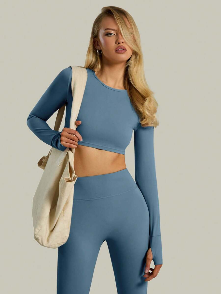Musera Sport 运动长袖拇指细节上衣 健身房健身 - 水鴨藍 - 查看 1