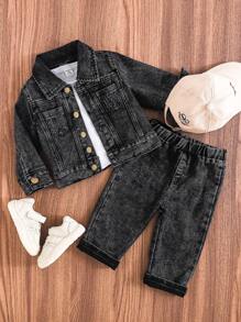 SHEIN Playful Pals 2 件套男婴休闲酷炫复古水洗黑色牛仔翻领夹克衬衫和做旧水洗牛仔裤，时尚休闲装适合春季、秋季和所有季节 - 黑色 - 查看 8