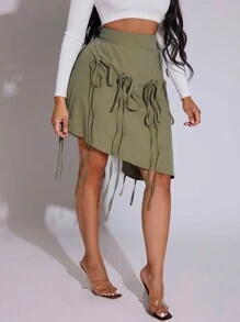 BamGleam Women Solid Color High Waist Front Tie Casual Asymmetrical Skirt