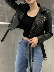 DAZY Chaqueta de mujer de estilo corto, casual y de moda, con cuello de solapa de piel sintética (PU)