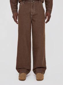 Musero Contrast Stitch Baggy Jeans - Khaki - View 2