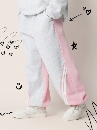 SUMWON Tween Girls Relaxed Paneled Grey & Pink 90'S Joggers