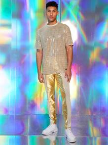 FeverCity Men's Elastic Leather Contrast Mesh Slim Fit Pants - Gold - View 3