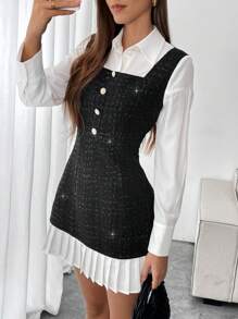 SHEIN Essnce Vestido de invierno para mujer, vestido largo, vestido blanco de parche de tweed de dos en uno, mini vestido con dobladillo plisado en forma de A, apertura frontal con botones sencillos, vestido corto casual, adecuado para uso diario. - Blanco y Negro - Ver 3