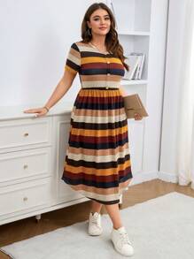 SHEIN LUNE SHEINLUNE Plus Size Women Striped Short Sleeve Knit Casual Dress, Vacation Outfits Woman,Modest Dresses For Women,Airport Outfit For Women,Boho Dress Women,Spring Dress,Resort Wear Women,Club Dress,Tropical Dress,Spring Spring Clothes Summer Clothes Spring Outfits For Women Vacation Outfits Woman
