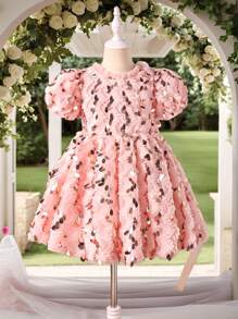 SHEIN Vestido casual de cumpleaños de estilo simple con lazo decorado con lentejuelas para niña - Multicolor - Ver 6