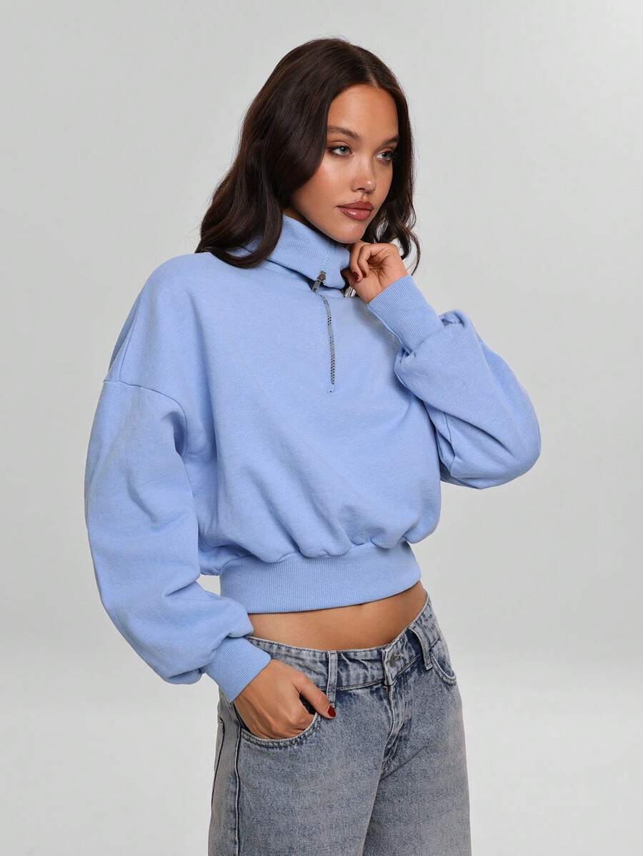 EURMUSE 100% Cotton Collar With Zipper Pattern Oversize Sweatshirt - Baby Blue - View 1