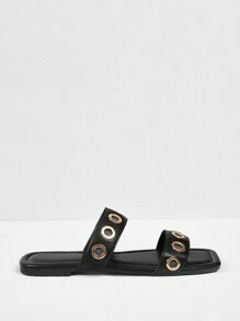 Styleloop New Women's Outdoor Flat Sandals, Square Toe Diamond Embellished Slides, Casual Comfy Slip On Wedge Sandals For Party, Commute And Summer