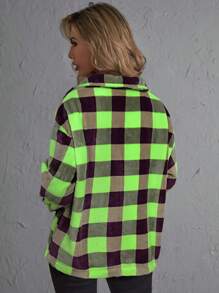 SHEIN LUNE Chaqueta casual de mujer con cierre de botones delantero, manga larga, bolsillo y estampado a cuadros, para uso diario