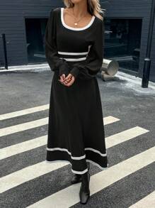 SHEIN LUNE Vestido de manga larga con cuello redondo y bloques de color con estilo francés elegante, adecuado para reuniones familiares - Negro - Ver 7