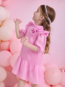 Glamorique Kids Valentine's Day Fashion Young Girls Organza Reflective Material Ruffle Collar Short Sleeve Dress, Suitable For Daily Or Special Occasions