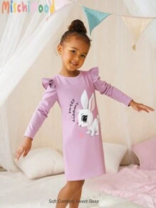 SHEIN Young Girl' Cute Rabbit Graphic Ruffled Sleeve Nightgown, Sleepwear - Pink - View 1