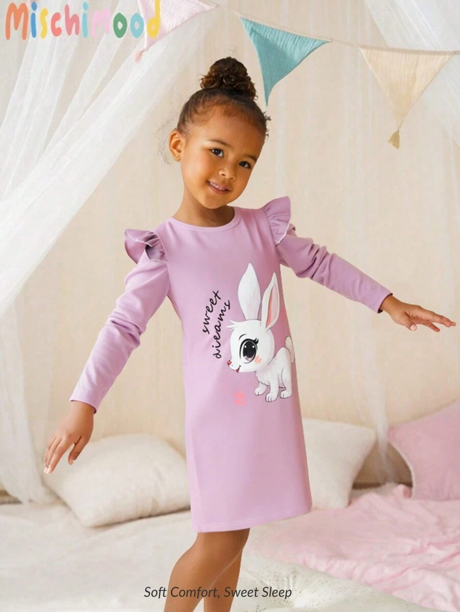 SHEIN Young Girl' Cute Rabbit Graphic Ruffled Sleeve Nightgown, Sleepwear - Pink - View 1