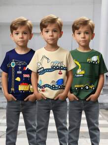 paquete de 3 camisetas de manga corta con cuello redondo para niños pequeños con estampado de coches y camiones de dibujos animados, de uso diario y para la escuela, para el verano
