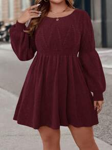 SHEIN Clasi Plus Size Cinched Waist Babydoll Texture Jacquard Lantern Sleeve Round Neck Sweater,Parties, Music Festivals, Home Wear,Gifting, And Shopping.Winter Women Dress,Elegant Women Dresses,Fall Dresses,Casual Dress,Classy Dress - Burgundy - View 6