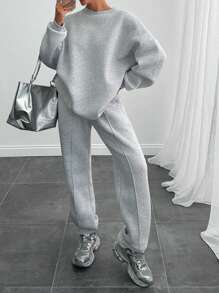 EURMUSE Bộ đồ oversize màu xám nhạt pha trộn dành cho nữ, thường ngày, mặc hàng ngày - Xám - Xem 9