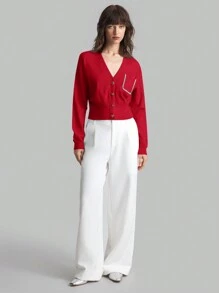 Ontre 优雅心形正面纽扣红色女式冬季服装开衫 - 紅色 - 查看 6