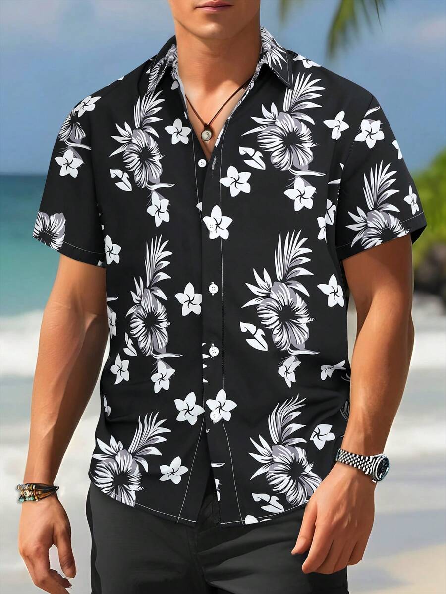Manfinity RSRT Men's Floral Print Pattern Front ButtonDdown Lapel Short Sleeve Casual Shirt (Sold Asymmetrically) For Vacation, Holidays - Black and White - View 1