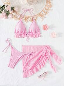 SHEIN Swim Mod 3pcs Women Beach Vacation Solid Color Ruffle Edge Halter Tie Bikini Set With Coverup And Mini Skirt Summer - Pink - View 8