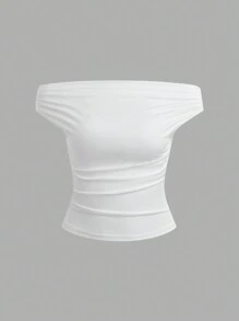 Sweetra Women Pleated Solid Color Off Shoulder Short Sleeve Casual Top - Multicolor - View 5