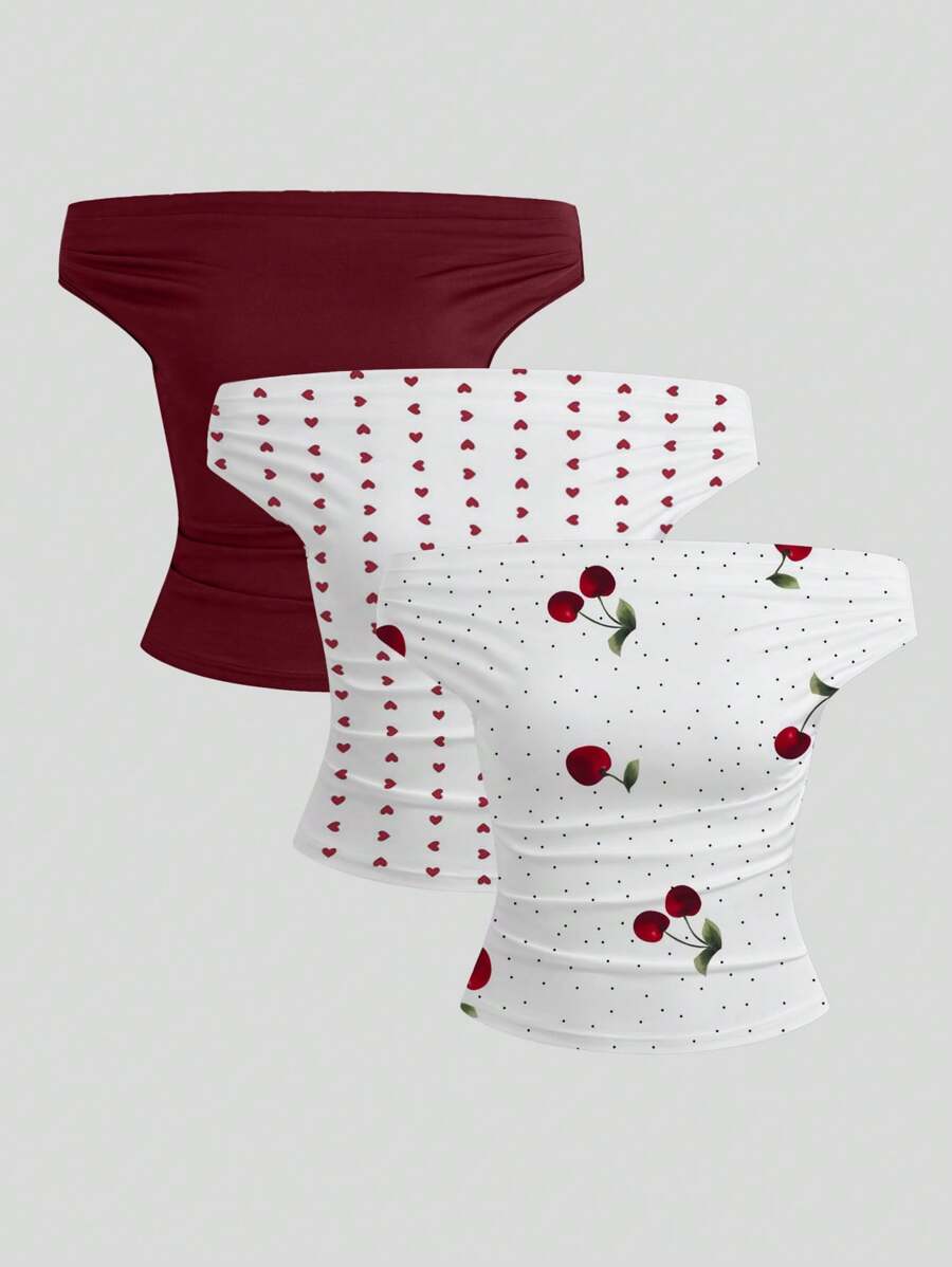 Sweetra 性感露肩短款上衣，腰部褶饰印花，套装 - 彩色 - 查看 1