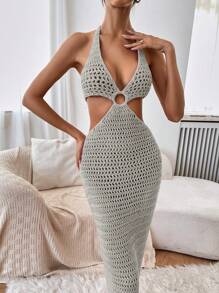 Breezaya Damska sukienka swetrowa z wiązaniem na szyi i szydełkiem - Jasnoszary - Zobacz 4