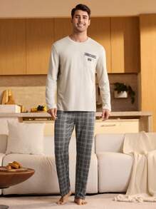 SHEIN Men's Plaid Long Sleeve Shirt & Pants Pajama Set, Fall Winter Clothes - Apricot - View 4