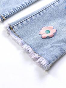 SHEIN Baby Girl Casual Fashion Cute Colorful Floral Print Washed Denim Flared Pants - Light Wash - View 5