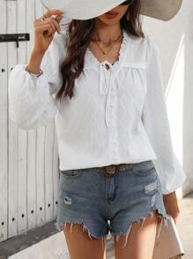 Chiquease Women's Casual Jacquard Solid Color Ruffle Trim Shirt - White - View 6