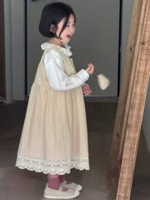 DAZY 2pcs/Set Young Girl Girls Round Neck Long Sleeve Woven Shirt + Jumper Dress, Spring/Summer - Beige - View 7