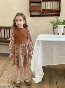 SHEIN LMoss Kids LMoss Young Girl Knit Solid Color Stand Collar Patchwork Floral Puff Sleeve Dress
