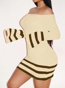 Zolique Vestido suéter ajustado y corto con manga de campana y hombros descubiertos, en diseño de bloques de color y rayas, para otoño/invierno - Albaricoque - Ver 5