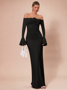 SHEIN BAE 秋冬杏色和象牙色纯色紧身性感露肩长袖 3D 花卉装饰褶皱长裙，适合鸡尾酒会、浪漫约会、分层穿搭、派对、正式活动、万圣节、圣诞节 - 黑色 - 查看 6