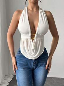 Firerie Parte superior sin mangas con cuello profundo drapeado, cuello recogido y decoración metálica, sexy y elegante