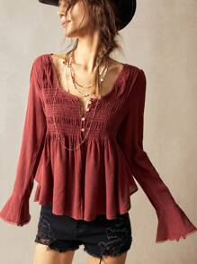 Bohemela Vacation Casual Solid Color Woven Cut-Out V-Neck Long Sleeve Blouse For Women Western Wear Women Festival Boho Hippie